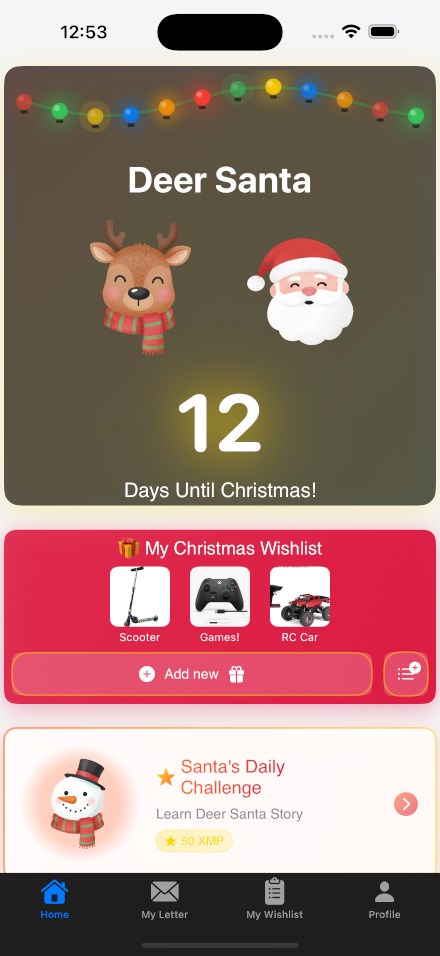 Deer Santa App Home Screen - View and manage your Christmas wishlist