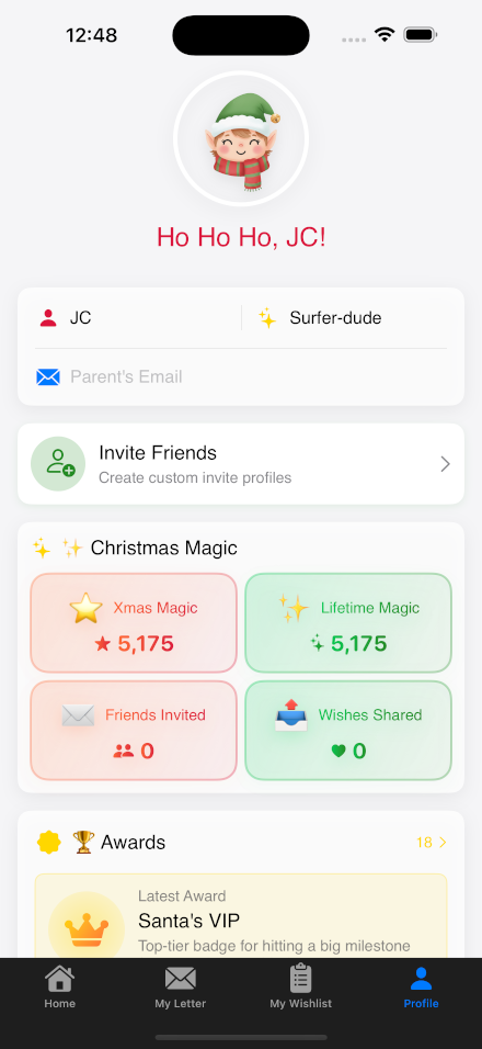 Deer Santa App Profile Screen - Personalize your Christmas experience
